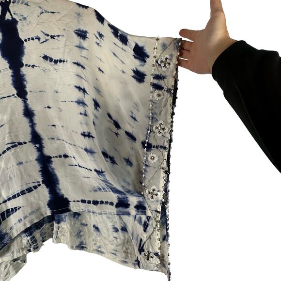 Taj by Sabrina Crippa Blue and White Beaded Kaftan Silk Blouse Size S Cover Up - Picture 14 of 16